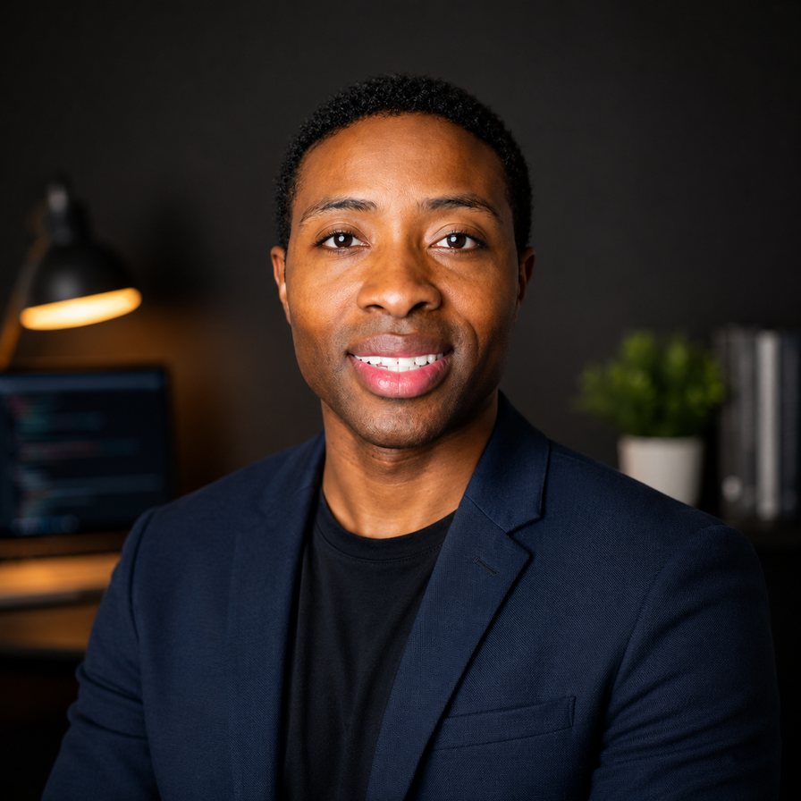 Samuel Anderson, senior full-stack engineer, photographed at his desk